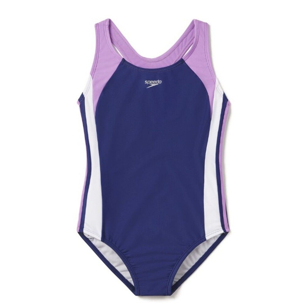 NWT Speedo Girl's Swimsuit One Piece Infinity Splice Thick Strap Blue Purple - 8